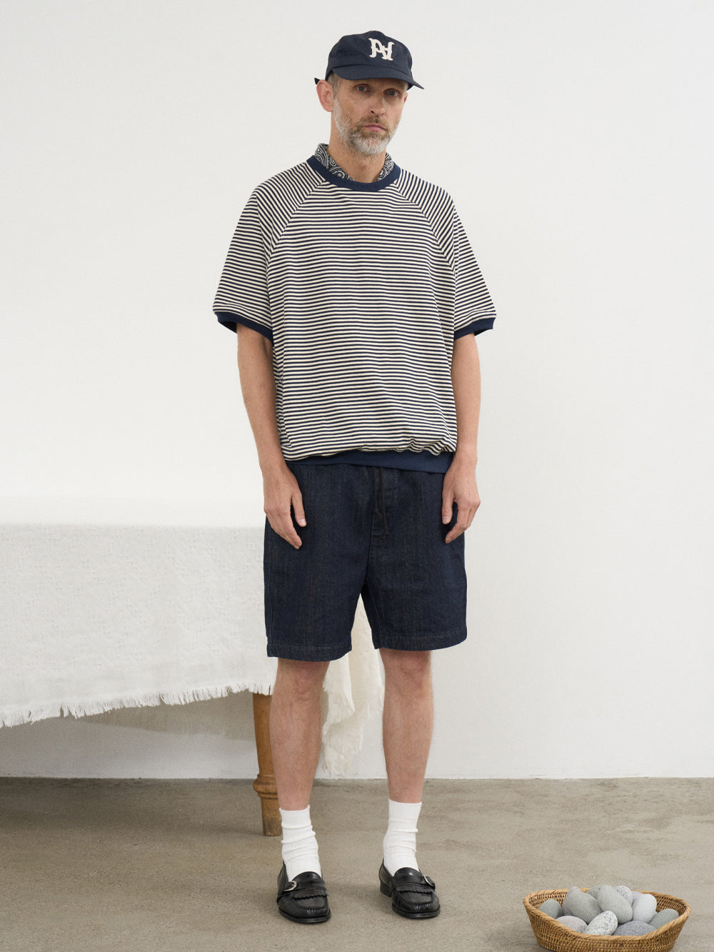 Partimento Stripe Pullover Half Tee - Navy